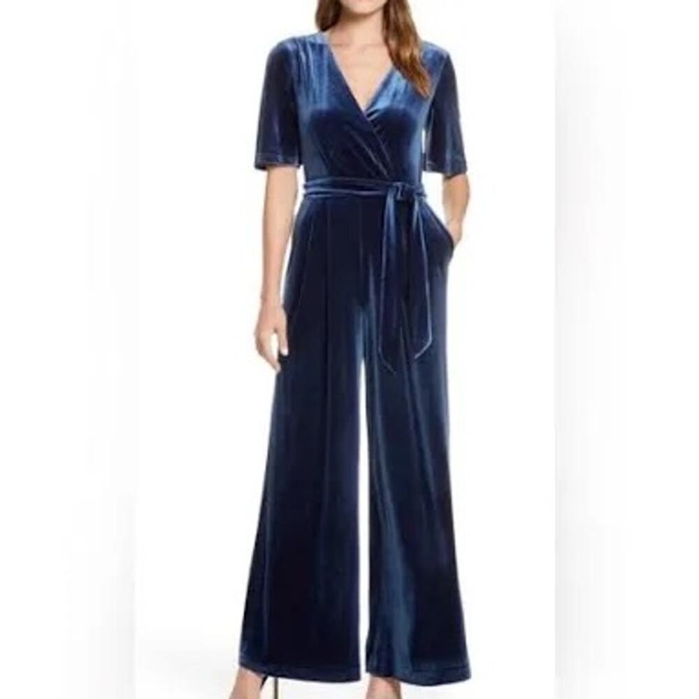 Eliza J NWT Blue Velvet Faux Wrap Jumpsuit Tie Waist Wide Leg 3/4 Sleeve Size 14